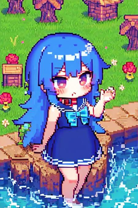 masterpiece, best quality,  pixel art , 
1girl ,blue dress, sailor collar, bowtie, (chibi:1.3)
very long hair, blue hair, multicolored hair, blush, 
 grass, tree, scenery, water,