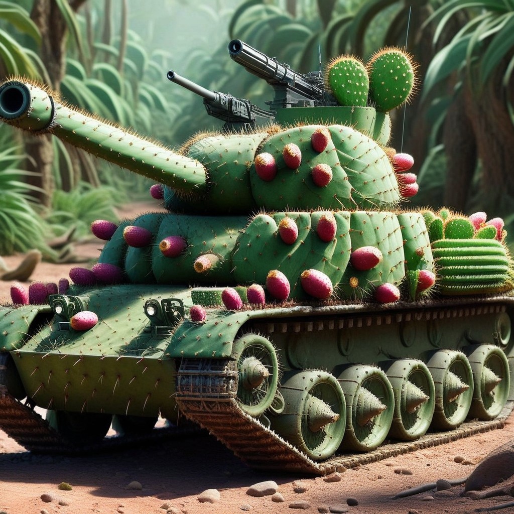 [tank]tank panzer wagon, gun barrel, driving through the jungle and desert, tech  <lora:Prickly Pear Style v1:1>, Prickly Pear Style,