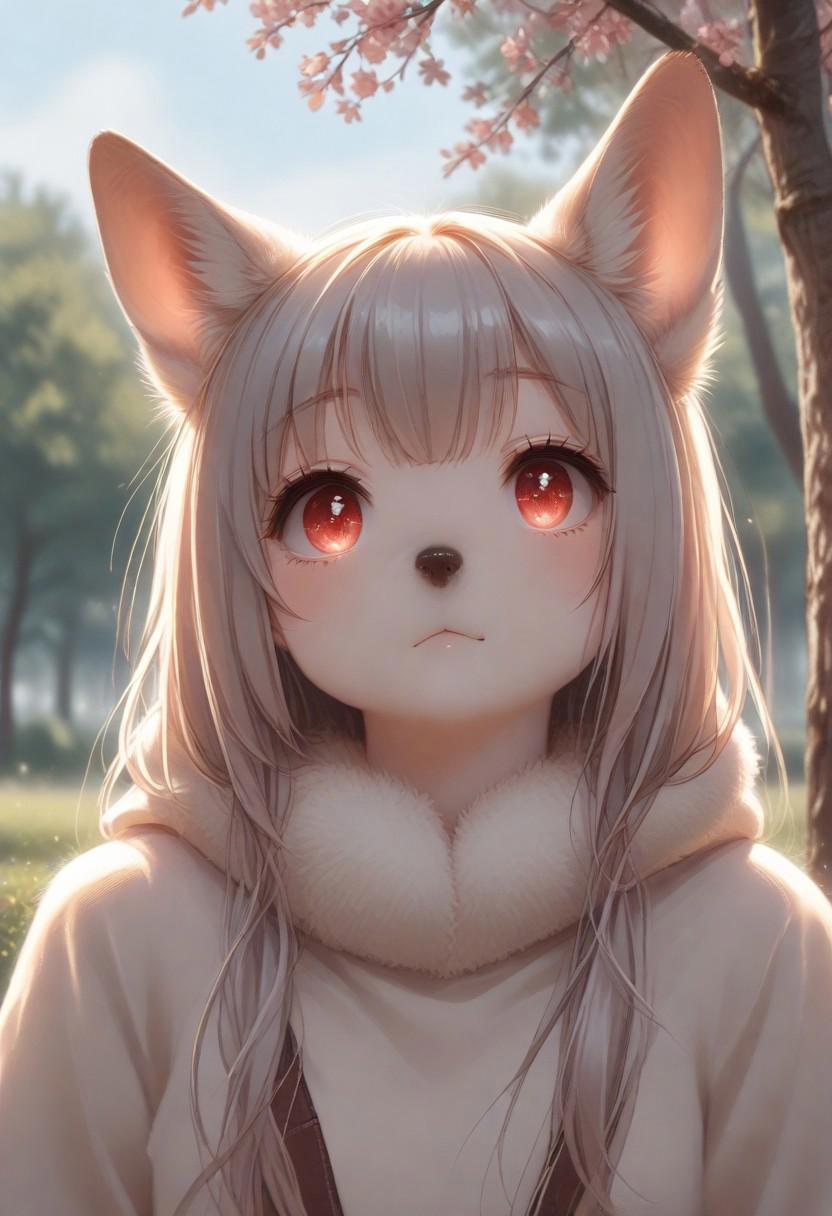 score_9, score_8_up, score_7_up, Aya_P, scenery, source_furry, (big breasts:0.5). (mature woman:1.1), fur skin, fur animal, furry, furry Dog, white and gray fur, white belly, red eyes, Dog ears, long ears Dog, (detailed eyes, Eyes in high definition, eyes with a lot of detail), (split eyes) ,(best quality:1.4), Round eyes, anime eyes