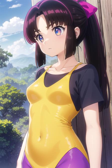 asuka mizunokoji, long hair, black hair, bow, ponytail, hair bow, (purple eyes:1.1), + +, (parted bangs:1.5), pantyhose, leotard,
