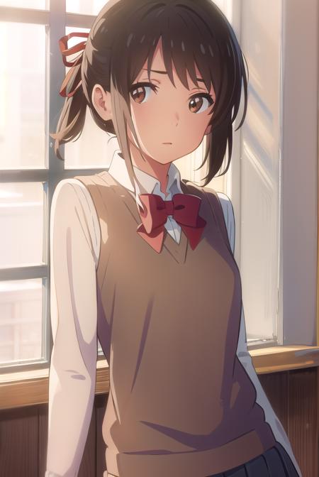 mitsuhamiyamizu, <lora:mitsuha miyamizu movie-lora-nochekaiser:1>,
mitsuha miyamizu, black hair, (brown eyes:1.5),
BREAK short hair, bow, ribbon, hair bun, school uniform, hair ribbon, bowtie, red ribbon, sweater vest, (light brown sweater:1.5), shirt, white shirt, collared shirt, long sleeves, skirt, black skirt, pleated skirt,
BREAK indoors, classroom,
BREAK looking at viewer, (cowboy shot:1.5),
BREAK <lyco:GoodHands-beta2:1>, (masterpiece:1.2), best quality, high resolution, unity 8k wallpaper, (illustration:0.8), (beautiful detailed eyes:1.6), extremely detailed face, perfect lighting, extremely detailed CG, (perfect hands, perfect anatomy),