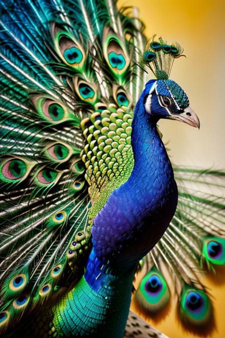 Ultra High Definition, Impeccable Detail, Premier Quality, Best-in-class, (Photorealistic), (Lifelike), raw photo,peacock,  abstract painting with varying colorful geometric shapes on a textured background, sculpture of a peacock standing in front of the abstract painting
