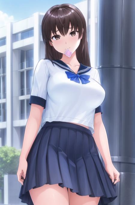 (day:1.7), standing in front of  a building in the background,
standing at attention,a condom_wrapper in her mouth,condom_in_mouth,
blue bowtie, school_uniform,blue_sailor_collar,short_sleeves,blue and white skirt ,
<lora:saiminSeishidou:0.2>,<lora:Mai_Shiranui-KK77-V2:0.1>,<lora:Artificial_Academy_2-KK77-V1:0.7>,
bangs,hair_between_eyes,brown_hair,brown_eyes,long_hair,
1 girl, 20yo,mature female,Beautiful Finger,Beautiful long legs,Beautiful body,Beautiful Nose,Beautiful character design, perfect eyes, perfect face,
looking at viewer, (innocent_big_eyes:1.0),(expressionless:1.3),
NSFW,official art,extremely detailed CG unity 8k wallpaper, perfect lighting,Colorful, Bright_Front_face_Lighting,
(masterpiece:1.0),(best_quality:1.0), ultra high res,4K,ultra-detailed,
photography, 8K, HDR, highres, absurdres:1.2, Kodak portra 400, film grain, blurry background, bokeh:1.2, lens flare, (vibrant_color:1.2)
(Beautiful,large_Breasts:1.4), (beautiful_face:1.5),(narrow_waist),