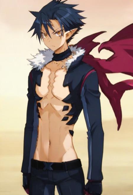 Killia dark blue hair golden eyes black eye marks under eyes pointed ears long sleeve blue jacket, white puffed collar, neck choker, red-pink accents, blue and red-pink wings, black gloves, red-pink claws, dark marks on chest and upper abdomen, belt, dark blue pants, dark blue shoes