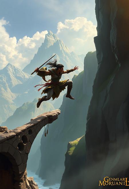 A warrior mid-leap over an ancient, crumbling bridge, their motion dynamic against a background of towering mountains,
atmospheric fantasy realism, expressive character animation, painterly textured brushstrokes, vast ethereal landscapes, dynamic movement, rich earthy color palette, dreamlike mystical storytelling, cinematic composition, fluid yet highly detailed forms, emotional depth, glowing atmospheric light