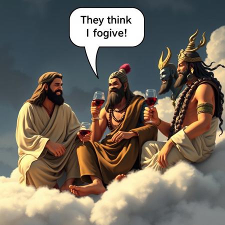 biblical movie scene, jesus talking to other gods says in a text bubble: "They think I forgive!", indian Buddha, viking warrior Odin, Indian god Shiva, laughing hard together sitting on a cloud drinking wine,