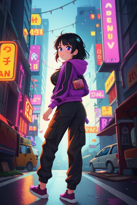 (best quality, high quality:1.3), hires, masterpiece, highly detailed, cg, reflections, ray tracing, lens flare, cinematic lighting, cinematic bloom, rule of three, vanishing point, intricate details, cyberpunk, city neon lights, street, night, dystopian, 1girl, beautiful, messy black hair, breast, purple jacket and baggy pants, (looking back:1.2), walking, close up, from bottom