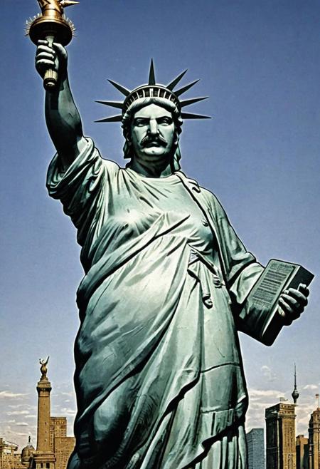 (An ink illustration), of the statue of liberty with stalin's face, (beautiful vector shapes:1.3), highest quality, sharp details, oversaturated, detailed and intricate, original artwork, trendy, vintage, award winning, artistic,