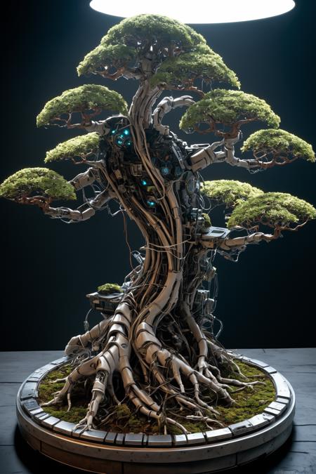 (biopunk bonsai tree:1.2) with cybernetic features, cinematic, cyberpunk elements, amazing detailed, grim sci-fi, biomorph, organic and mechanical, natural light