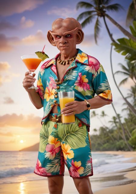 professional photography, quark man wearing a colorful hawaii shirt and shorts, holding exotic cocktail in his hand, tropical setting, beach, highly intricate, extremely detailed,  big depth of field, cinematic lighting, stunning, breathttaking.  <lora:Quark-Man-SDXL:1>