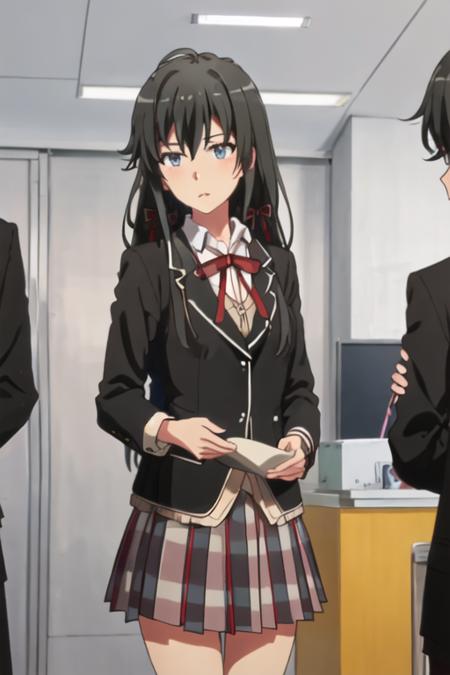 best quality, masterpiece, highres, solo, {yukino_yukinoshita_yahariorenoseishunlovecomewamachigatteiru:1.15}, long_hair, black_hair, ribbon, blue_eyes, hair_ribbon, blazer, 1girl, black_jacket, jacket, school_uniform, sobu_high_school_uniform, ahoge