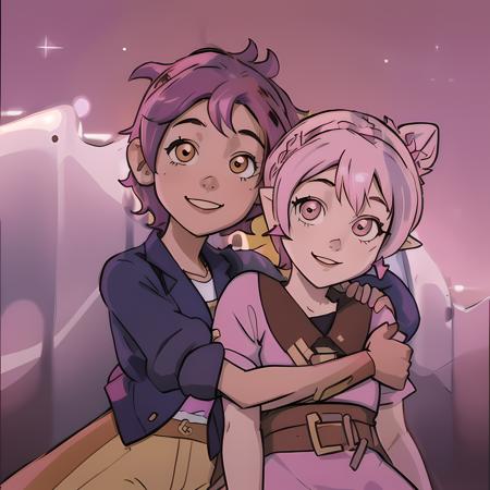 smiling, ((high resolution illustration)), ((extremely detailed)), (masterpiece), two girls, (luz and amity:1.2), (amity with pink hair bun and (brown shaved hair:1)), (luz with short brown curly hair), (luz:1), (Amity:1), <lora:LuzandAmitySeason3:1>, cuddling, simple background, blur background