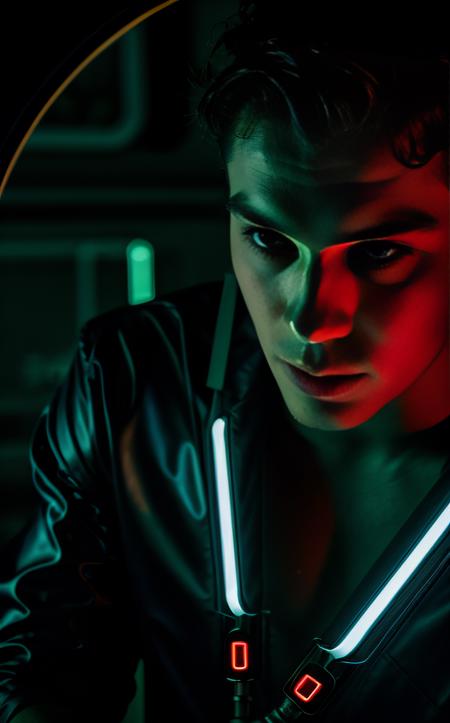 cinematic film still ((bright neon colors)), (top-quality, 8K, masterpiece:1.3) A photo of a futuristic, young man, installing a holographic tube light, wearing a sleek, futuristic jumpsuit, in a high-tech laboratory taken with a fisheye lens, highly detailed, detailed skin, bright, cold lighting
<lora:epi_noiseoffset2:1>  <lora:more_details:0.3> . shallow depth of field, vignette, highly detailed, high budget, bokeh, cinemascope, moody, epic, gorgeous, film grain, grainy