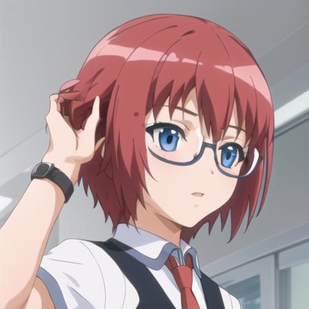 (masterpiece, best quality:1.2),illustration,8k,hd,1girl,solo,(lower body:1.1),short_hair,blue_eyes,school_uniform,red_hair,necktie,glasses,semi-rimless_eyewear,under-rim_eyewear,wristwatch,black_pants,black_vest,school_uniform,short_sleeves,<lora:Misaki Raika>,