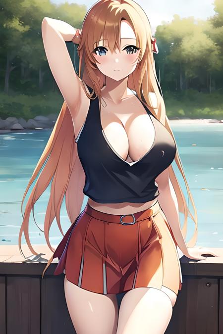 ((masterpiece)), ((best quality)), (slender_body:1.1), (wide_hips:1.2), (narrow_waist:1.2),
Asuna Yuuki, 1girl,  breasts, cleavage,  huge breasts, large breasts,  long hair, midriff, navel, outdoors, large boobs, orange hair, long hair, skirt, miniskirt, microskirt, nice ass, big boobs, realistic, ultra realistic, hyper realistic, real life, highly detailed, focused,
 <lora:downblouse-v1:0.6>  <lora:microskirt_v0.2:0.6> <lora:Asuna Yuuki 2:1>