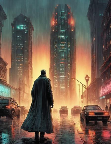 sci-fi brutalist architecture shrouded in mist and fog obscured neon lights wet roads closeup of tall thin man in long coat vast city scale sunrise through mist and smoke