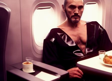 Photograph of zod person sitting in coach class on a cross country flight from Dallas to Baltimore. Delta airlines, tray table for food it down over his lap. professional color photography, <lora:Zod-5-23-6000step:1>