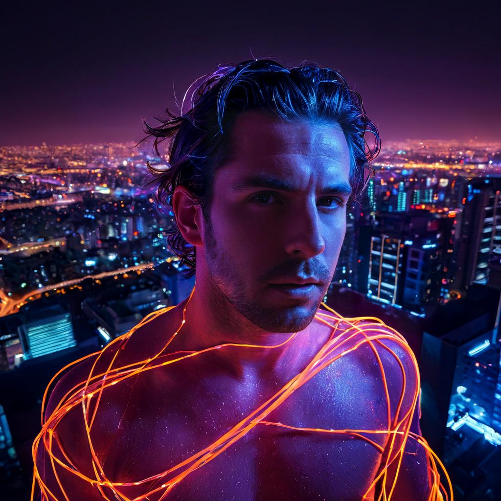 long shot scenic professional photograph of A hyperrealistic portrait of a man whose body is being consumed by glowing neon wires, each wire wrapping around his limbs and sinking into his skin, glowing brightly with electric light. His face is calm, despite the chaos, with wires twisting around his eyes, nose, and mouth, as they light up his features in bright neon colors. His hair has become a mass of glowing wires that pulse with energy. Behind him, the background is a vast, futuristic cityscape of towering neon skyscrapers and glowing wires that stretch into the sky, casting sharp, electric shadows on everything., perfect viewpoint, highly detailed, wide-angle lens, hyper realistic, with dramatic sky, polarizing filter, natural lighting, vivid colors, everything in sharp focus, HDR, UHD, 64K