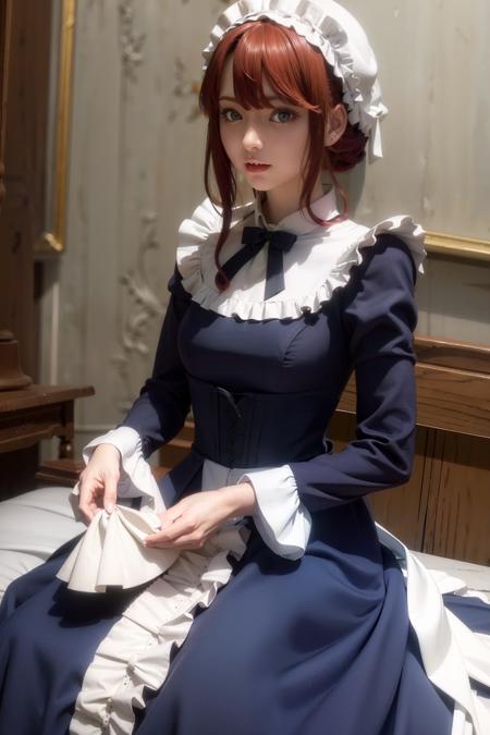 masterpiece, best quality,Iliacoral,maid ,maid dress,red hair,mob cap,white apron,blue dress,