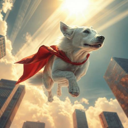 (film_emulsion) A hyper-realistic digital painting of Krypto the Superdog, depicted as a majestic white canine flying through the sky. Viewed from a dramatic worm’s-eye angle, his red cape flaps heroically in the wind. His muscular form and pristine white fur gleam in the sunlight as he soars with focused intensity. Towering skyscrapers loom in the background, emphasizing his altitude and scale. The sky is vibrant with streaks of clouds and golden sunlight breaking through, capturing the essence of a true airborne protector.