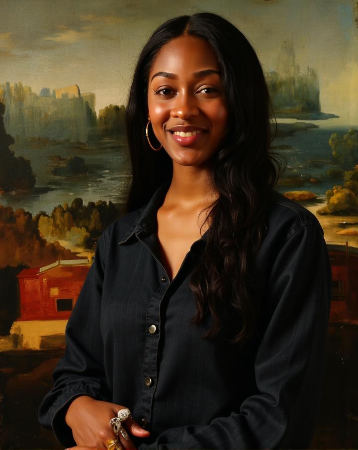 mona lisa painting style starring black  woman  with model-like features in a professional photoshoot, studio lighting. Wearing shirt <lora:Megan_Good:1.05> <lora:17th_Century_Flux:0.5> <lora:flux_realism_lora:0.75>