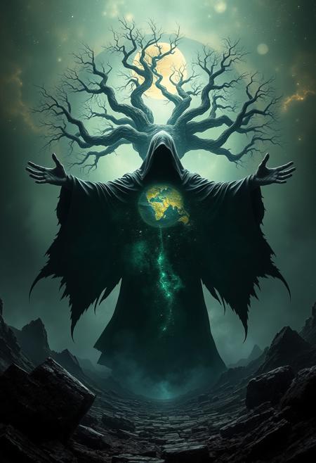 A universe inside a dark cloaked figure within mysterious landscape in an unfathomable realm of fantastic creation inhabited by ancient shadows of a forgotten time beyond the gate of the gateless gate where life is limitless, light is shadow and shadow is light, eerie sense, horror, spark of the beginning, existence and nonexistence at once, ethereal, outstretched arms, behold the end of the beginning, inglorious glory to the dark one, betrayal of the ancient order, beware the 7headed beast, destroyer of the old ways, bearer of the unbearable, nightmarish, archaic runes, tree aging backwards, breath of the gods, ruins of a place unimagined, extreme intricate detail, photorealistic, beyond epic scene, fate discarded, unseeable face of god, the end is the beginning, the beginning is the end, man arises as god dies, as above so below, as below so above, emerald tablet, thoth, guardian and saboteur of existence, hopeless hope, ghosts of the unborn, conception of the inconceivable, cosmic well of imperceptible perception, evil aura, infinite emptiness, pillars of void, overwhelming subtlety