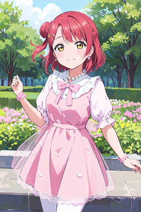 (best quality, masterpiece:1.2), 1girl, solo, (cowboy shot:1.4), looking at viewer,  glow eyes, (light on face:1.2), smile, sky, cloud, trees, flower, pink flowers, outdoors, sunlight,
<lora:A_DRWY_Dress:0.8>, uehara ayumu, drwy dress, yellow eyes, bangs, pink hair, hair bun, single side bun, pink dress, medium hair, pantyhose, bow, petals, short sleeves, earrings, jewelry, ribbon, hair ornament,