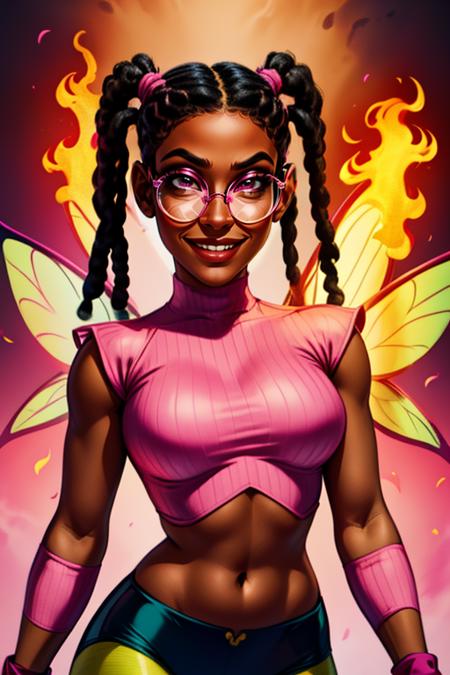 Taranee, twintails, dreads, short hair, glasses, standing, upper body, smiling, smug, 
CokW, striped pantyhose,midriff, pink wristbands, fairy wings, toned, pink crop top, turtleneck,
 fire background, cinematic lighting, 
 (insanely detailed, beautiful detailed face, masterpiece, best quality)
 <lora:TaraneeCook-10v3:0.7>