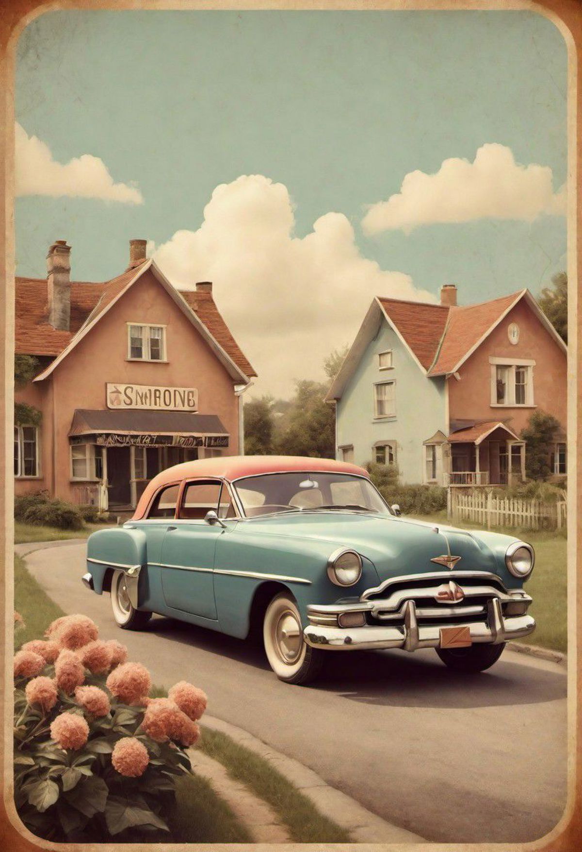 Vintage Painting of a Blue and Pink Car in Front of Houses and a Sign