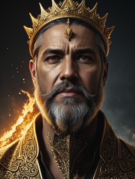 ultra detailed artistic photography, a handsome king, golden crown with gems, trimmed gray beard, sunset, medieval city on fire, jewelry, cape, glimmer, magic, shadows, oil on canvas, brush strokes, smooth, ultra high definition, 8k, unreal engine 5, ultra sharp focus, art by alberto seveso, artgerm, loish, sf, intricate artwork masterpiece, ominous, matte painting movie poster, golden ratio, trending on cgsociety, intricate, epic, trending on artstation, by artgerm, h. r. giger and beksinski, highly detailed, vibrant, production cinematic character render, ultra high quality model