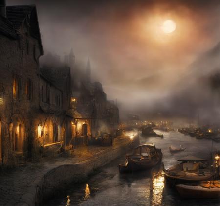 (masterpiece:1.2), (best quality,:1.2), 8k, HDR, ultra detailed, ((photorealistic)), professional light, cinematic lighting, fashion photography, ambient lighting, background, a river, moon, fog, a small medieval harbor,  Darkness, <lora:Darkness-10:1>,  epiCPhoto,