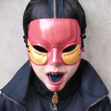 <lora:creepymasks_60:1.0> , (creepymasks, mask:1.0), (person wearing a mask with:1.0), 3boys, antenna hair, bangs, black hair, black shirt, blue jacket, blush stickers, closed mouth, framed, grey eyes, highres, jacket, looking at viewer, lower teeth, male focus, multiple boys, open mouth, red jacket, sana \(37pisana\), shirt, short hair, smile, t-shirt, teeth, tongue, turtleneck, turtleneck jacket, upper body, yellow background, zipper pull tab