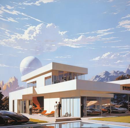 by Syd Mead and Hariton Pushwagner, masterful, beautiful, poster art, bold lines, hyper detailed, expressive, award winning ,movie still, intricate details, modernist house, futuristic architecture, sky, cloud, real world location,  early dawn shot white sky, diffused light, illustration styles, high contrast, wide angle view<lora:epi_noiseoffset2:5> <lora:Syd Mead Style:1>