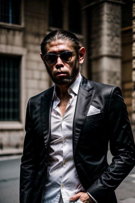 (analog photo) of a ((gangster monkey)) wearing a (italian black buisness suit with a white shirt and black tie) and wearing black Rayban style sunglasses, serious face,  (hands in pockets, confident posture,) masterpiece, Fine art photography, award winning photography, epic realism