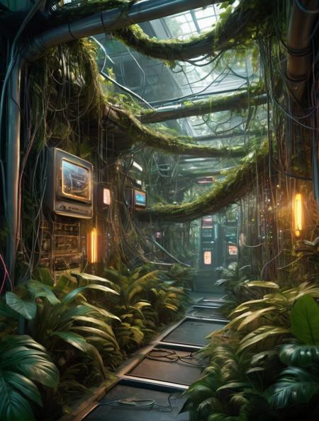 Hyperrealistic art Create a picture of an electronic jungle where swirling circuits and neon vines create cyber ecosystems where connectivity is the key to survival,high quality,highres,masterpiece, . Extremely high-resolution details, photographic, realism pushed to extreme, fine texture, incredibly lifelike