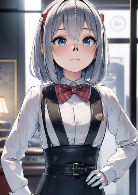 (masterpiece,best quality, Ultradetailed),twenty ager,(1 girl:1.2),(casino) (look at camera:1.2),standing(front face:1.2)gum(UPPER BODY,waist,hip:1.2)(Butler tuxedo costume),(red a bow tie:1.2),small bust,(silver hair:1.2)(blue eyes)(short hair:1.2)(from front:1.2)  <lora:nosehookv6:0.85>