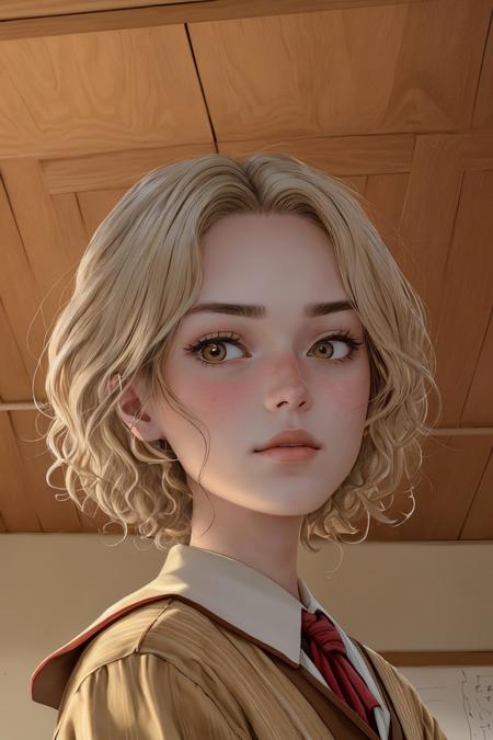 (from below, closeup on face:1.2) photo of <lora:GeorgiaEllenwood_v3:.9> GeorgiaEllenwood,
she is wearing meiji schoolgirl uniform
,
she is wearing hair ornament,
her hair is styled as curly shag hair,
BREAK she is (in the granny flat:1.1),
chiaroscuro,
shot on (RED:.6) camera
,