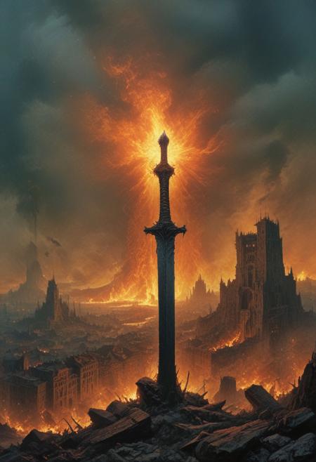 Stunning, ultra-high-resolution (32K, 1000K HDR, 1500 FPS) analog film photo with SR3, CDM, and VQ-VAE-2 processing. Imagine a Frank Frazetta fantasy oil painting (inspired by Zdzislaw Beksinski) depicting a heroic figure wielding a giant sword against a backdrop of a burning city, embodying the grimdark mythport style. Blend artistic styles using lora: (list styles). Apply faded film effects (desaturated, 35mm, grainy, vignette, vintage) with Kodachrome, Lomography, and stained textures. Ensure high detail throughout, replicating found footage aesthetics.