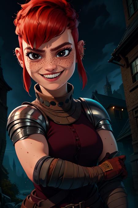 Nimona, short red hair, freckles, sidelocks,black eyes, upper body, smiling, mouth open, 
NimSuit,ear piercing,armor,bandages,gloves ,dress,brown footwear, nighttime, barracks, 
(insanely detailed, beautiful detailed face, masterpiece, best quality) <lora:Nimona-10 v3:0.7>