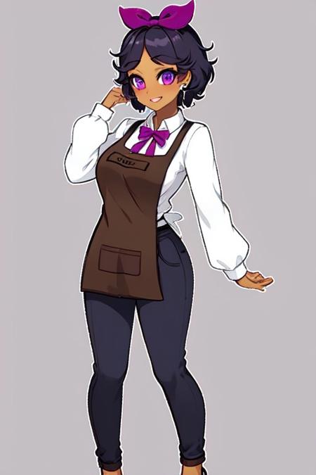 LotusCrushCrush, 1girl, solo, short hair, white shirt, black hair, long sleeves, purple eyes, hair ribbon, hair bow, collared shirt, pants, dark skin, apron, dark-skinned female, purple bow, brown apron, large breasts,