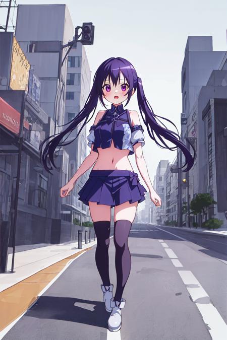 ((((ultra illustrated style:1.0)))),best quality,best animated,masterpiece,ray tracing, global illumination,1girl, solo,full body,long hair,twintails,crop top,bare shoulders,pleated skirt,zettai ryouiki,boots,surprised,city,road,crosswalk,skyscrapers, <lora:Tedeza Rize:1>