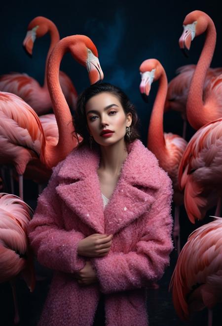 cinematic photo of a woman with a pink feather coat hugging a group of elegant pink flamingos in a black studio background, surrealism, coat designed by Balenciaga, nostaligic mood, dark blue, rembrandt lighting, blue and warm lights, shot with Hasselblad X1D, A cinematic, hyper-detailed, National Geographic-style composition, shot with a Canon EOS R5, f/1.4 aperture, soft bokeh background, 8K resolution, photorealistic,