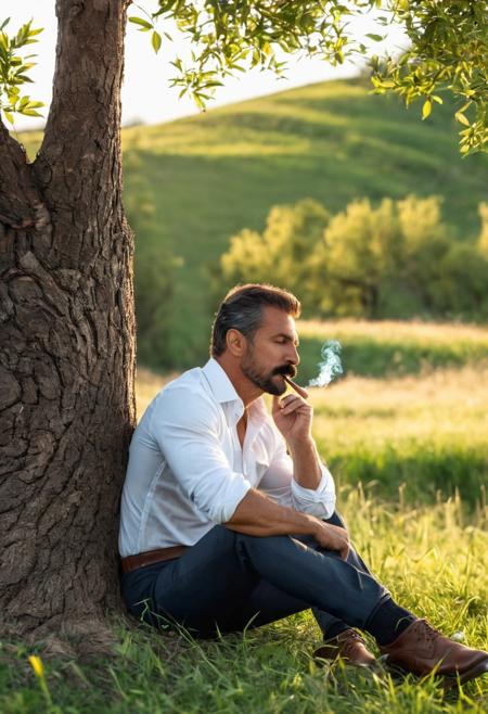 Realistic, very high quality RAW photography, intricate and exquisite details and textures, highly detailed and ultra detailed photography, warm lighting, 4k, high resolution, 1 man, mustache, handsome, beautiful, strong, muscular, 40 years old, shirt, long pants, sitting, under a tree, pensive, smoking a pipe, meadow, sunny, the tree casts a shadow on the man, peace, tranquility