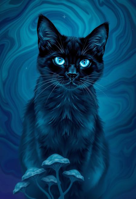 Highly detailed glowing blue ethereal ghost transparent black cat with glowing white eyes.  Swirling background composed of rich blues, teals, and purples, suggesting a mystical with cosmic stars environment. The backdrop appears almost liquid, with the colors merging and flowing into one another, creating a dreamlike, ethereal atmosphere. Below the cat, abstract, mushroom-like forms and organic shapes emerge, enhancing the otherworldly feel of the image. The cat’s bright, piercing eyes draw attention, making it the focal point of this enchanting and mysterious scene, as if it exists within a magical or alternate dimension.