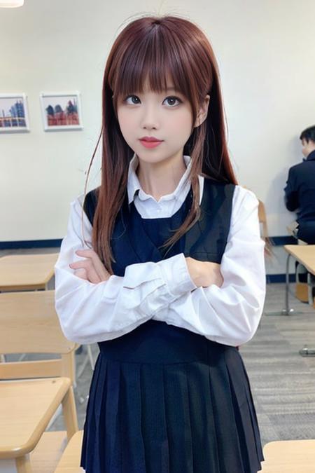 1girl, bangs, red hair, school uniform, indoors, library, looking at viewer, crossed arms, upper body,