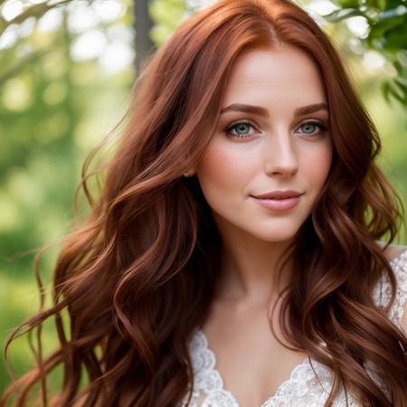 A stunning portrait of a beautiful red-haired woman, viewed from the front. Her face is framed by soft, flowing locks of hair that cascade down her shoulders. Her delicate features are accentuated by the gentle light that falls on her face, highlighting the curve of her cheekbones and the arch of her eyebrows. Her eyes are a deep shade of green, with a hint of mischief and playfulness in them. The corners of her lips are slightly upturned, giving her a subtle smile that adds to her charm. The skin on her face is smooth and flawless, with a natural glow that radiates from within.