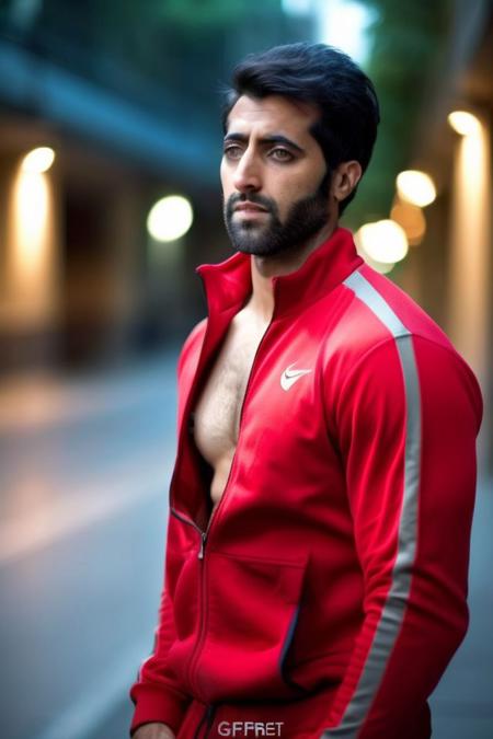 Thomas Middleditch a man <lora:akshay-oberoi_Thomas-Middleditch:1>, realistic photo in a worn ((red tracksuit, massive hairy pecs)), ((light bokeh)), intricate, (steel metal [rust]), elegant, erotic, exuding sexual energy, sharp focus, photo by greg rutkowski, soft lighting, vibrant colors, (masterpiece), ((streets)), (detailed face), looking at viewer, light smile, night, walking towards viewer, cinematic lighting, beautiful lighting, cinematic lighting, (hazy filter, film grain:1.2)