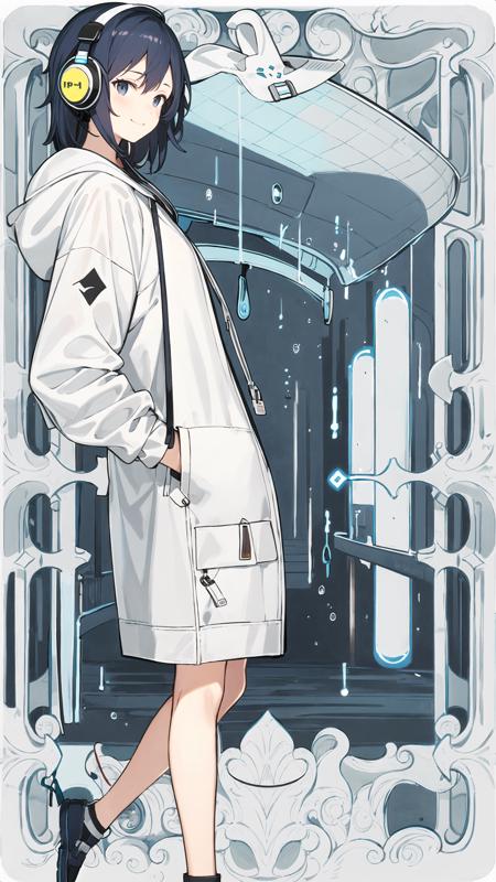 masterpiece,1girl,solo,incredibly absurdres,hoodie,headphones, street,outdoors,rain,neon lights, light smile, hood up, hands in pockets, looking away, from side, full body, <lora:animetarotV2-000002:0.8>, tarot