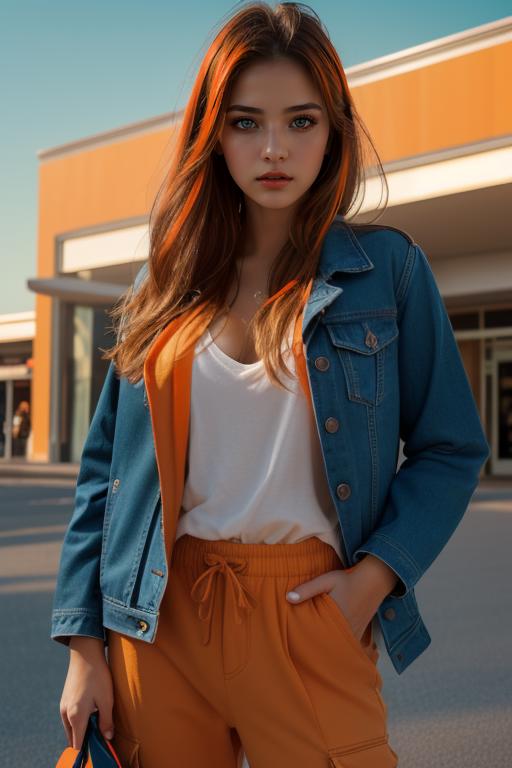 A young woman wearing orange pants, a white shirt, and a blue jacket posing for a picture.