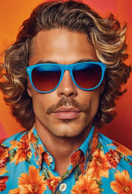 A hansome man wearing blue sunglasses and a colorful floral shirt, with bright lips, wavy hair, and a vibrant orange background, in the style of David LaChapelle. This high-definition photograph, featured on a fashion magazine cover, has a retro style, a fashionable pose, a high-saturation color scheme, and studio lighting effects, all captured with a wide-angle lens.